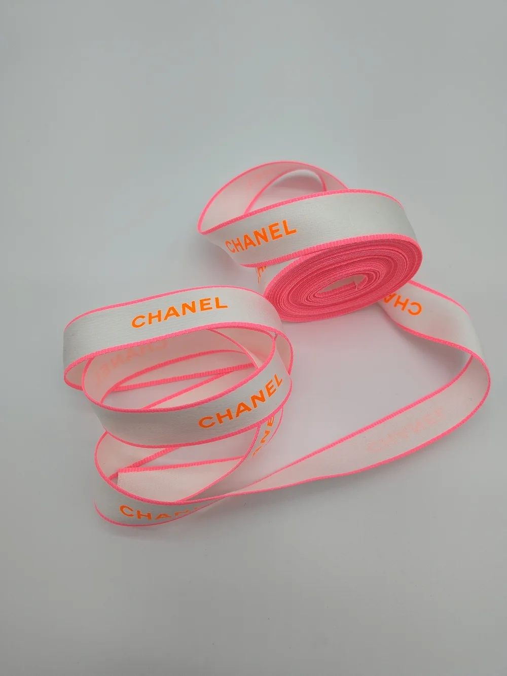 CHANEL Neon Pink Orange White Ribbon 2 Yards Luxury Gift Wrap Trim 3/4